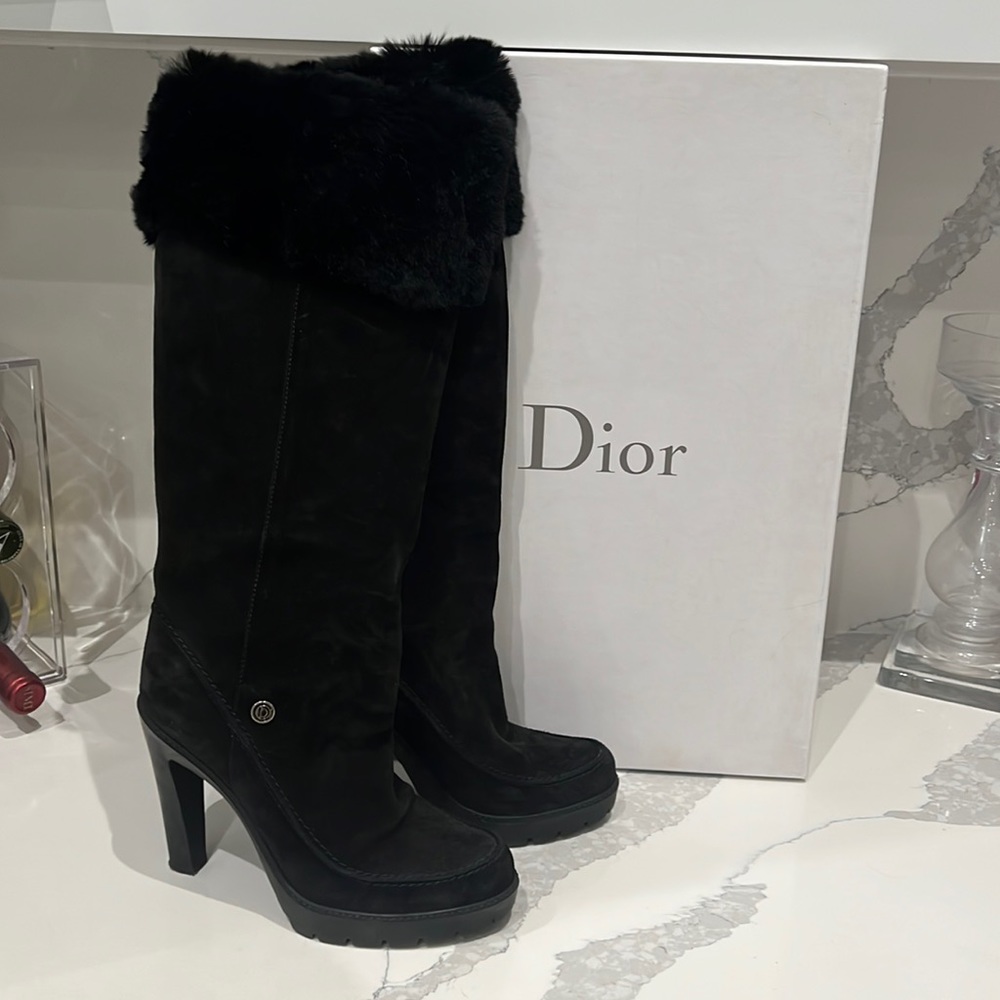 Dior 🖤 POLAIRE Botte Fur & Suede Knee High Boots 37.5 7.5 8